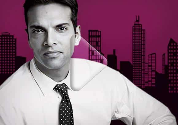 Man with city skyline background